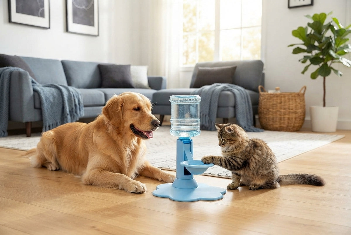 A cat and a dog standing next to an automatic gravity-fed water dispenser in a modern, sunlit living room.
