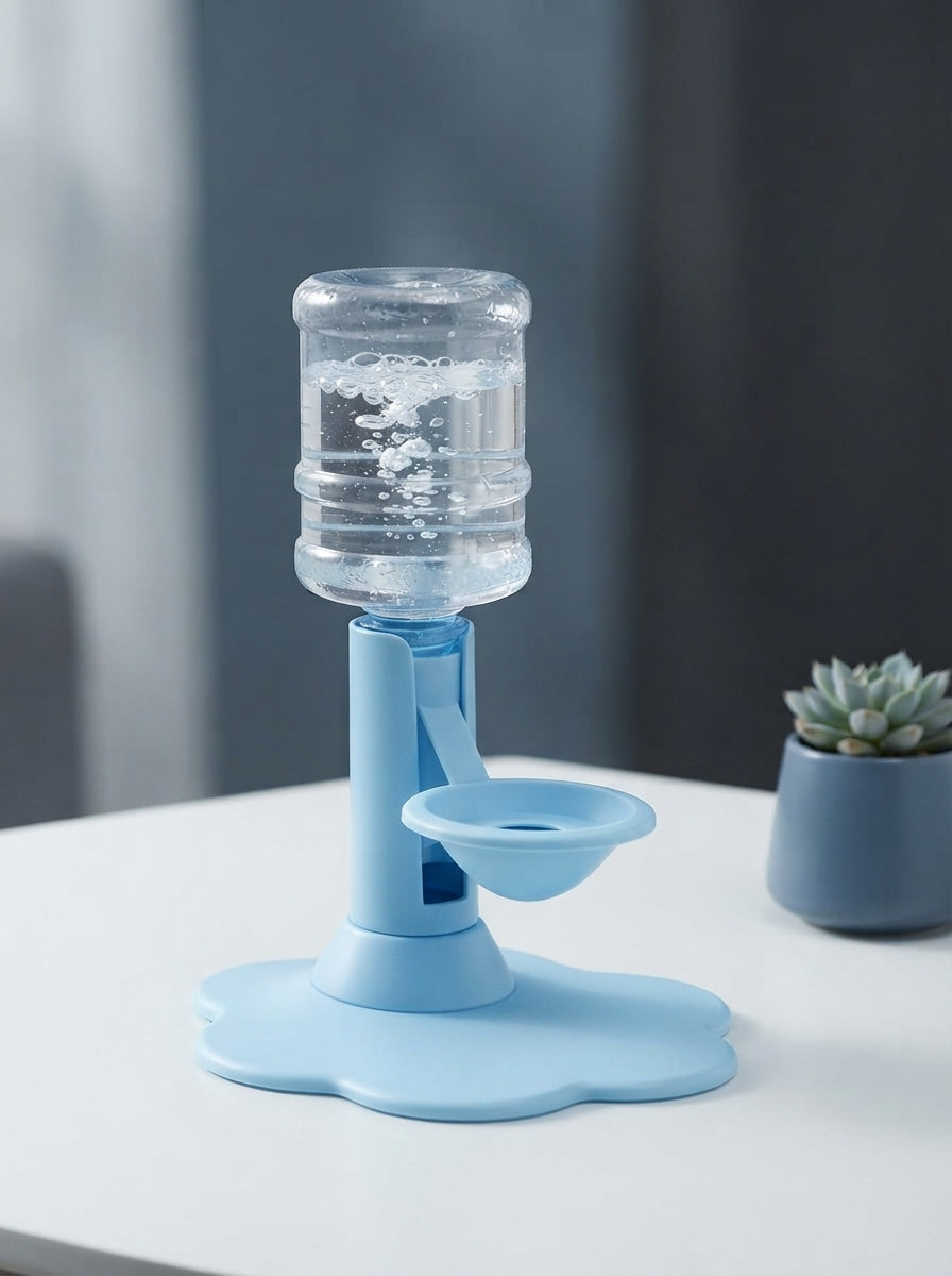 Automatic gravity-fed pet water dispenser on a clean white surface with a slate blue and charcoal background.
